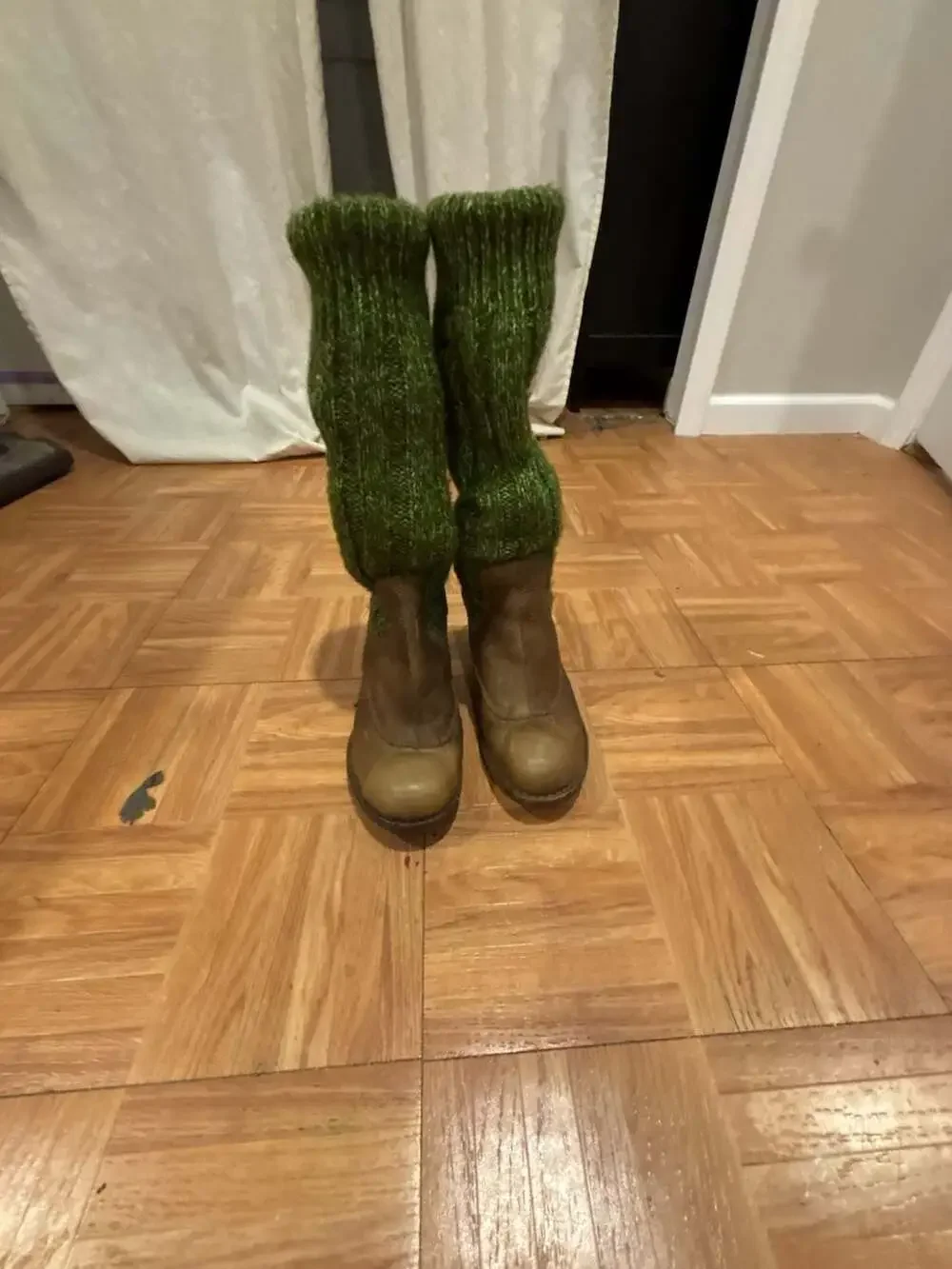 El Naturalista Brown Leather Ankle Boots with Green Knit Leg Warmers